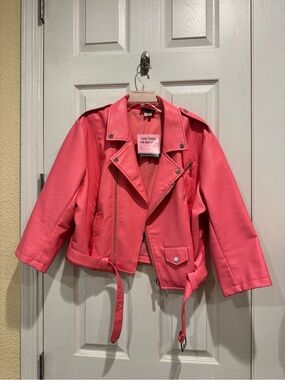 Vixen flamingo pink 3/4 sleeve faux leather moto jacket